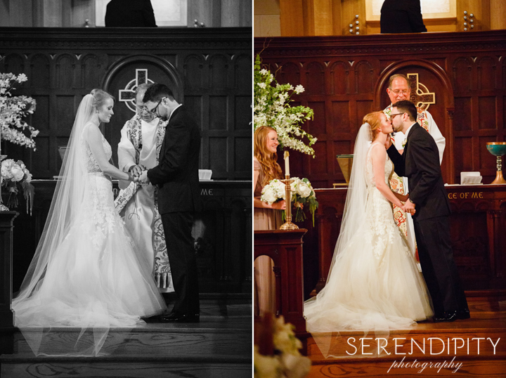 bride and groom exchanging vows, First Evangelical Lutheran Church
