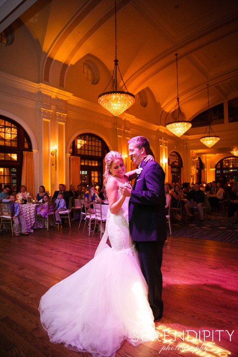 bride and groom first dance, crystal ballroom wedding reception
