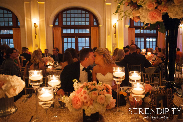 bride and grooms table, crystal ballroom wedding reception