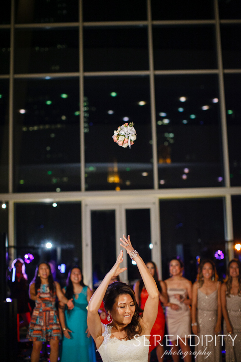 Wedding reception at the Hobby Center Houston, bouquet toss, Houston Hobby Center wedding